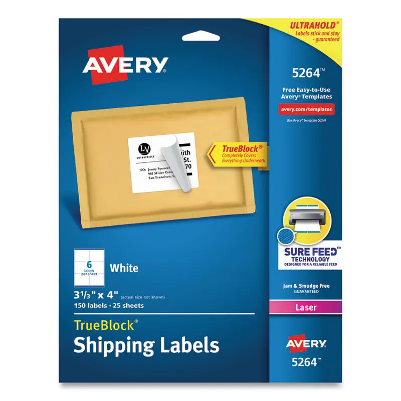 Avery Shipping Labels w/ TrueBlock Technology, Laser Printers, 3.33 x 4, White, 6/Sheet, 25 Sheets/Pack (AVE5264) Pack of 150