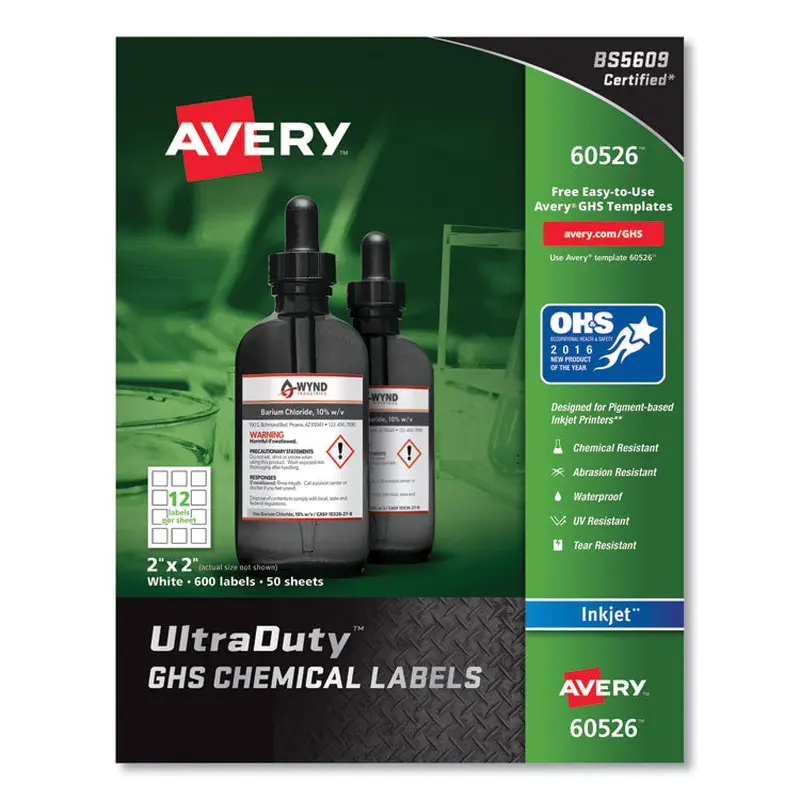 Avery UltraDuty GHS Chemical Waterproof and UV Resistant Labels, 2 x 2, White, 12/Sheet, 50 Sheets/Pack (AVE60526) Box of 600