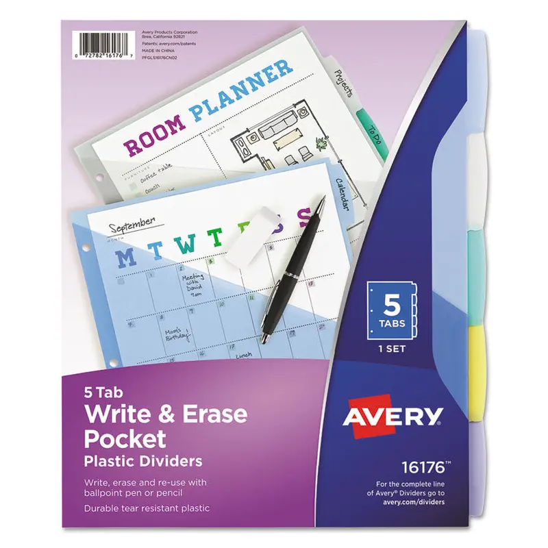 Avery Write and Erase Durable Plastic Dividers with Slash Pocket, 3-Hold Punched, 5-Tab, 11.13 x 9.25, Assorted, 1 Set (AVE16176) Set of 5
