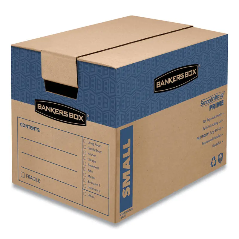 Bankers Box SmoothMove Prime Moving/Storage Boxes, Hinged Lid, Regular Slotted Container, Small, 12" x 16" x 12", Brown/Blue, 10/Carton (FEL0062701) Case of 10