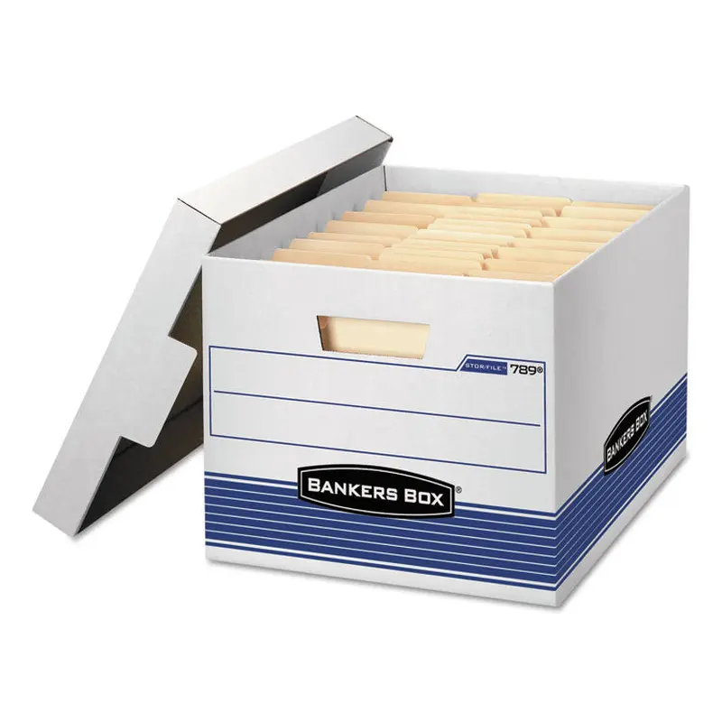 Bankers Box STOR/FILE Medium-Duty Letter/Legal Storage Boxes, Letter/Legal Files, 12.75" x 16.5" x 10.5", White/Blue, 4/Carton (FEL0078907) Carton of 4 Boxes