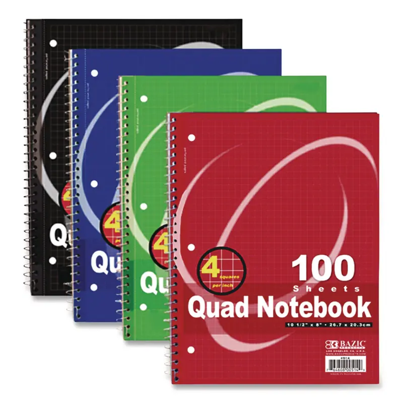BAZIC Products Spiral Notebook, Quadrille Rule (4 sq/in), Randomly Assorted Cover Color, (100) 10.5 x 8 Sheets (BAZ514) Each