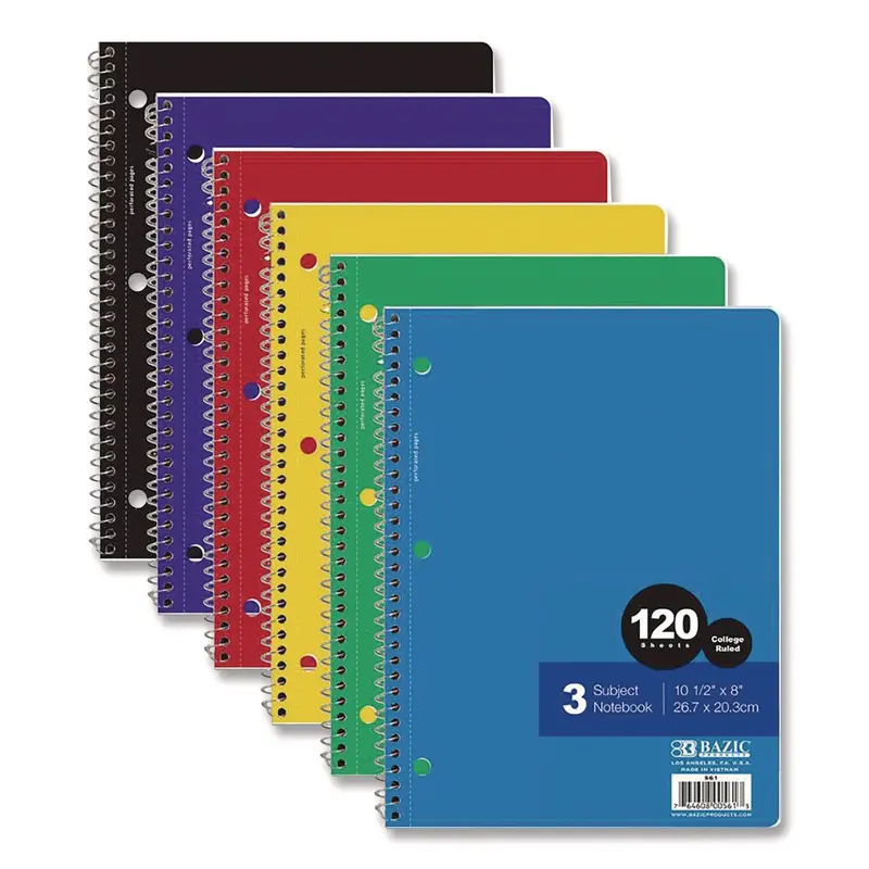 BAZIC Products Spiral Notebooks, 3 Subjects, Medium/College Rule, Randomly Assorted Cover Colors, (120) 10.5 x 8 Sheets (BAZ561) Each