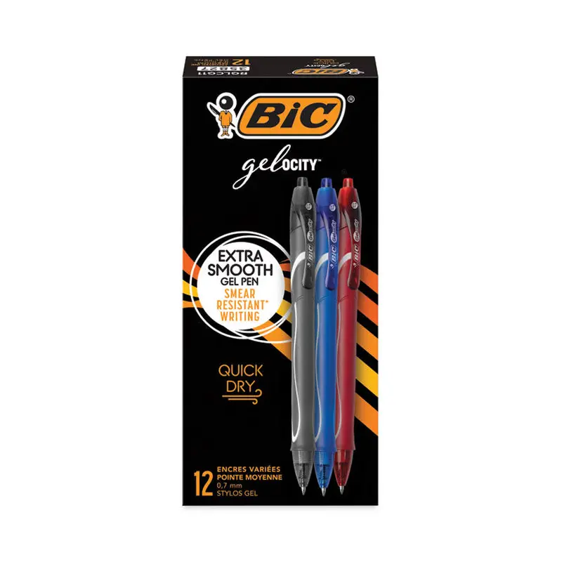BIC Gel-ocity Quick Dry Gel Pen, Retractable, Fine 0.7 mm, Three Assorted Ink and Barrel Colors, Dozen (BICRGLCG11AST) 1 Dozen