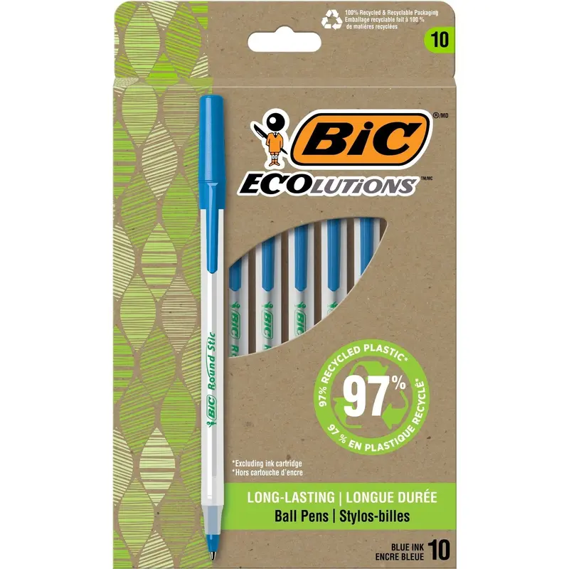 BIC ReVolution Round Stic Ballpoint Pen - Medium Pen Point - 1 mm Pen Point Size - Blue - Semi-transparent Barrel - 10 / Pack (BICGSME10BE) Pack of 10