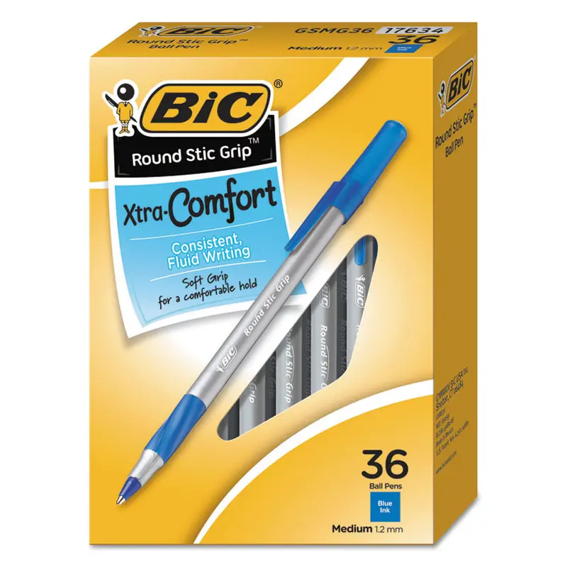 BIC Round Stic Grip Xtra Comfort Ballpoint Pen Value Pack, Easy-Glide, Stick, Medium 1.2 mm, Blue Ink, Gray/Blue Barrel, 36/Pack (BICGSMG361BE) Pack of 36