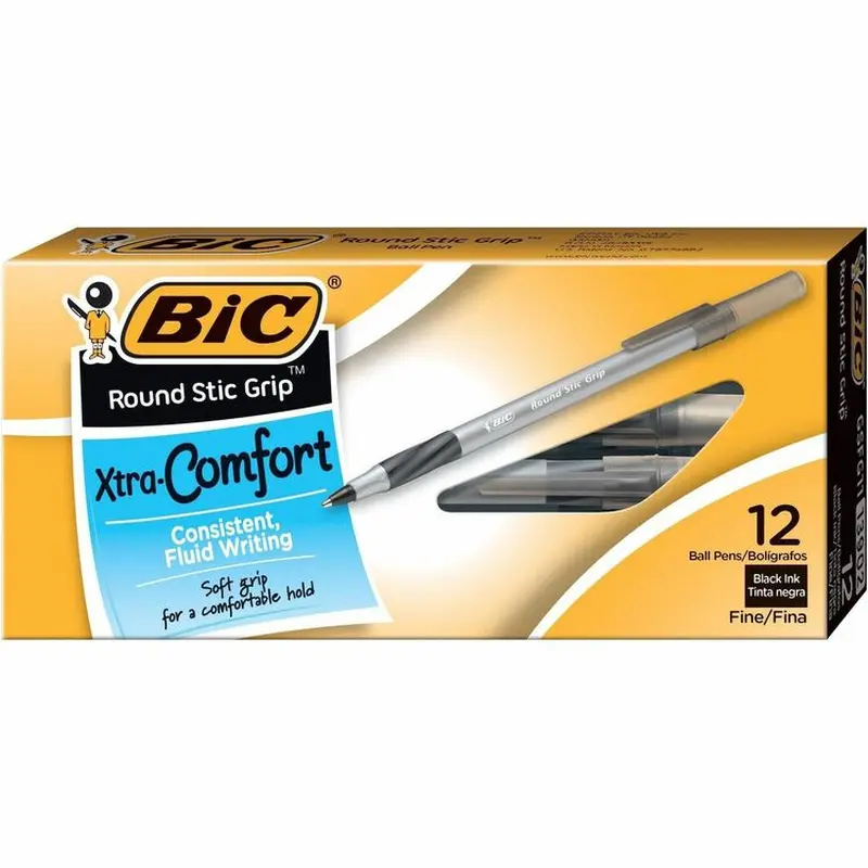 BIC Round Stic Grip Xtra Comfort Stick Ballpoint Pen, 0.8mm, Black Ink, Gray Barrel, Dozen (BICGSFG11BK) 1 Dozen