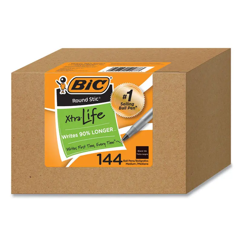 BIC Round Stic Xtra Life Ballpoint Pen, Stick, Medium 1 mm, Black Ink, Translucent Black Barrel, 144/Pack (BICGSM144AZBLK) Pack of 144