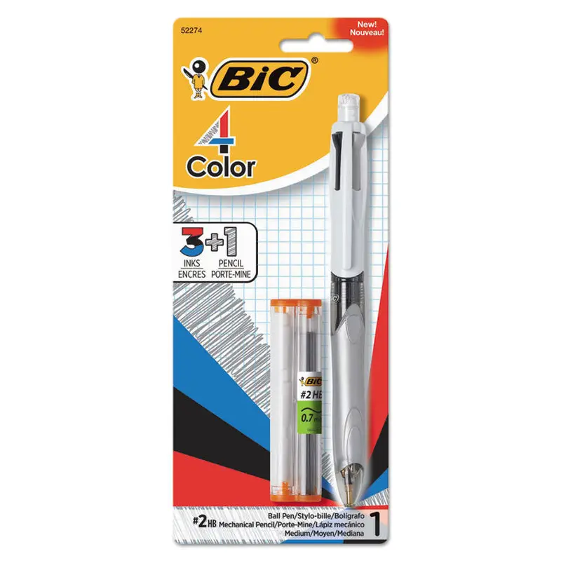 BIC 4-Color 3   1 Multi-Color Ballpoint Pen/Pencil, Retractable, 1 mm Pen/0.7 mm Pencil, Black/Blue/Red Ink, Gray/White Barrel (BICMMLP1AST) Each