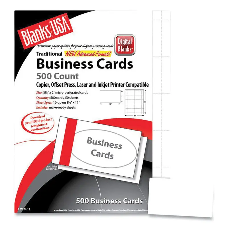 Blanks/USA Printable Microperforated Business Cards, Copier/Inkjet/Laser/Offset, 2 x 3.5, White, 2,500 Cards, 10/Sheet, 250 Sheets/Pack (BLA25S8WH) Each