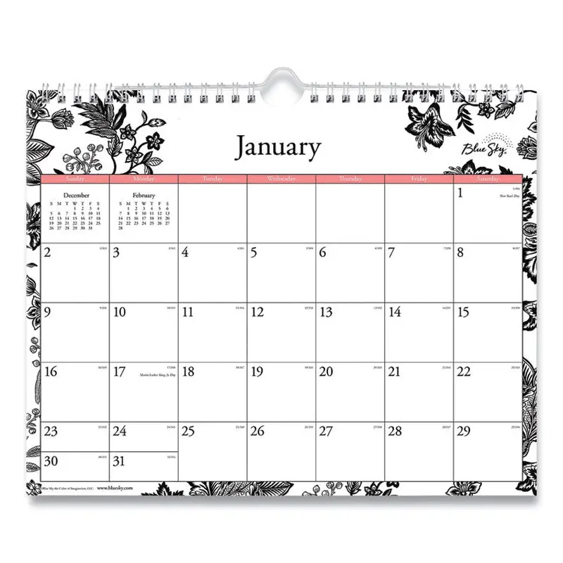 Blue Sky Analeis Wall Calendar, Floral Artwork, 11 x 8.75, White/Black/Coral Sheets, 12-Month (Jan to Dec): 2026 (BLS100028) Each