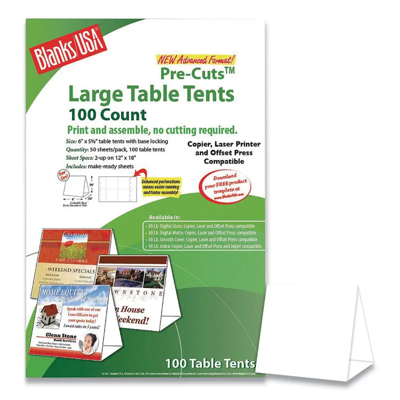 Blanks/USA Table Tent, 80 lb Cover Weight, 12 x 18, White, 2 Tents/Sheet, 50 Sheets/Pack (BLA01FLWH) Each