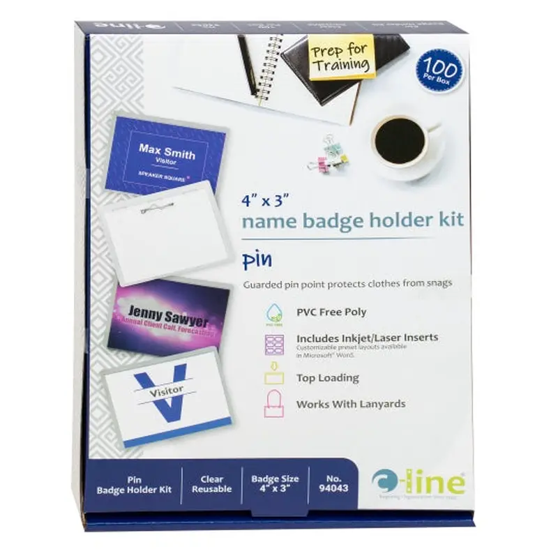 Pin Style Name Badges, Kit with inserts, clear, 4 x 3, 100/BX