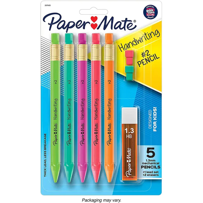 Paper Mate Handwriting Triangular Mechanical Pencil Set with Lead & Eraser Refills, 1.3mm, Fun Barrel Colors, 8 Count