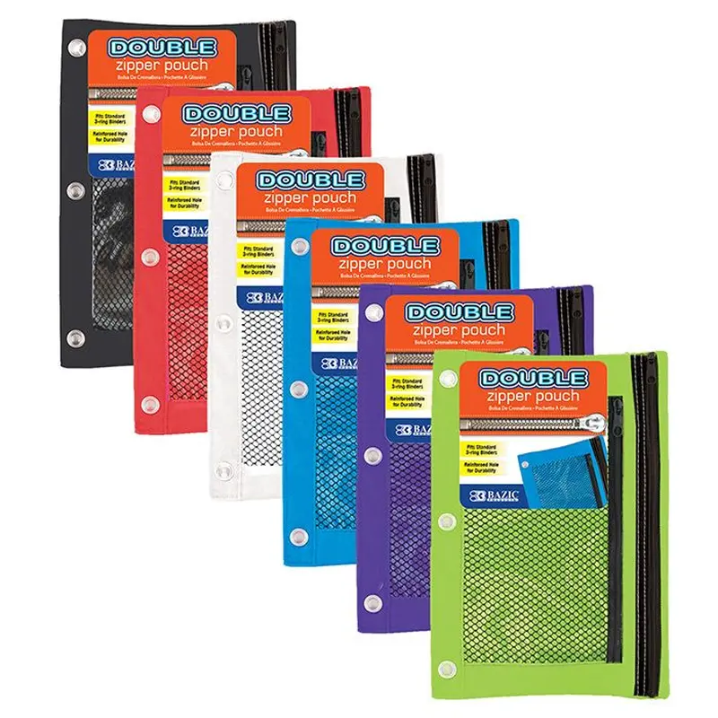 BAZIC Double Zipper 3-Ring Pencil Pouch w/ Mesh Window (BAZ 00807)Lime Green