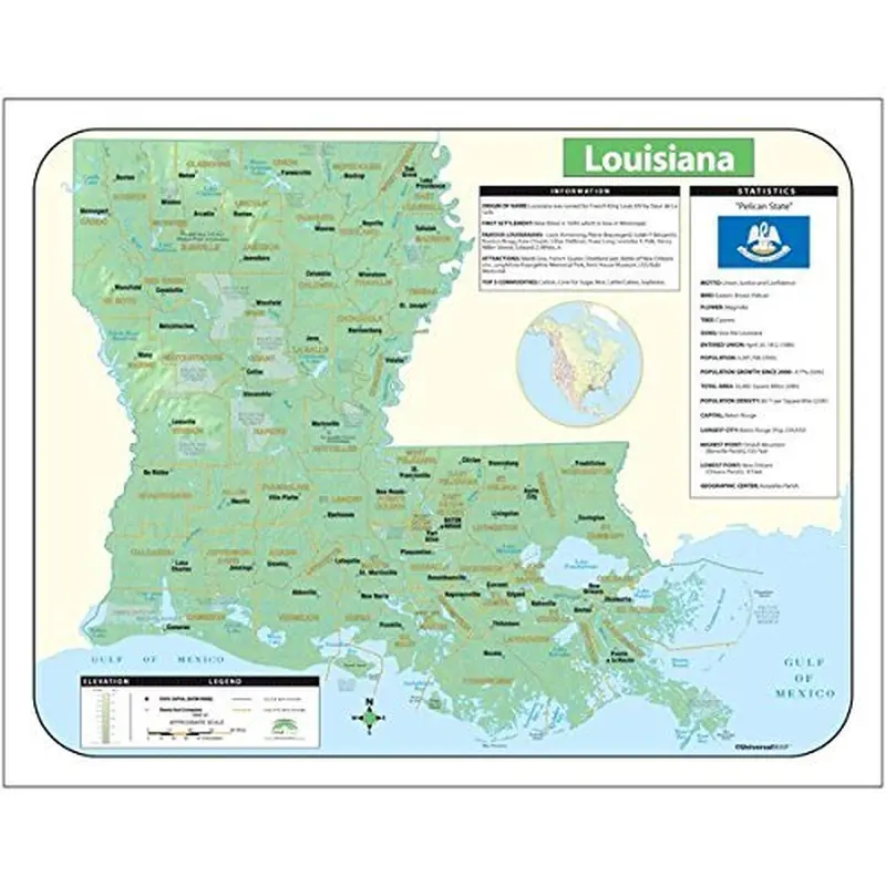 Kappa Laminated Shaded Relief Topographical Universal State Map of Louisiana