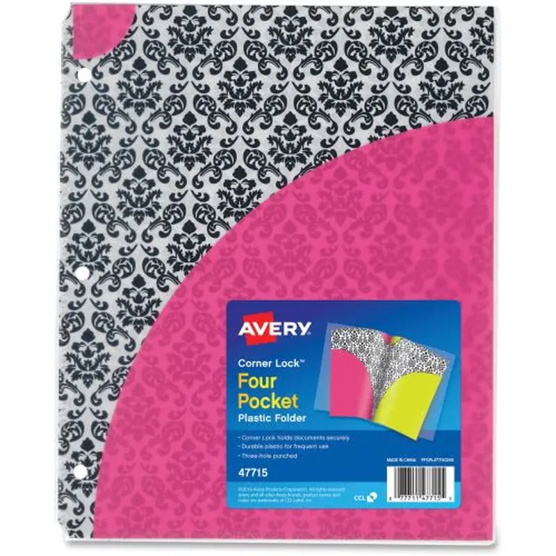 Avery Corner Lock Four-Pocket Plastic Folder, Damask (47715)