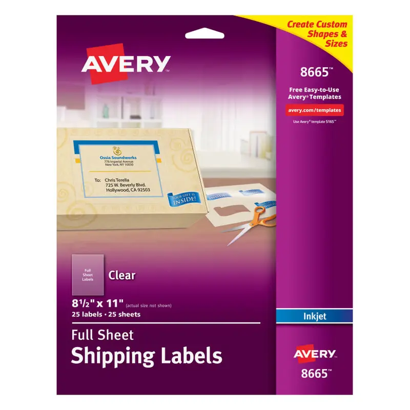 Avery Shipping Labels, Permanent Adhesive, Clear, 8-1/2" x 11", 25 Labels (8665)