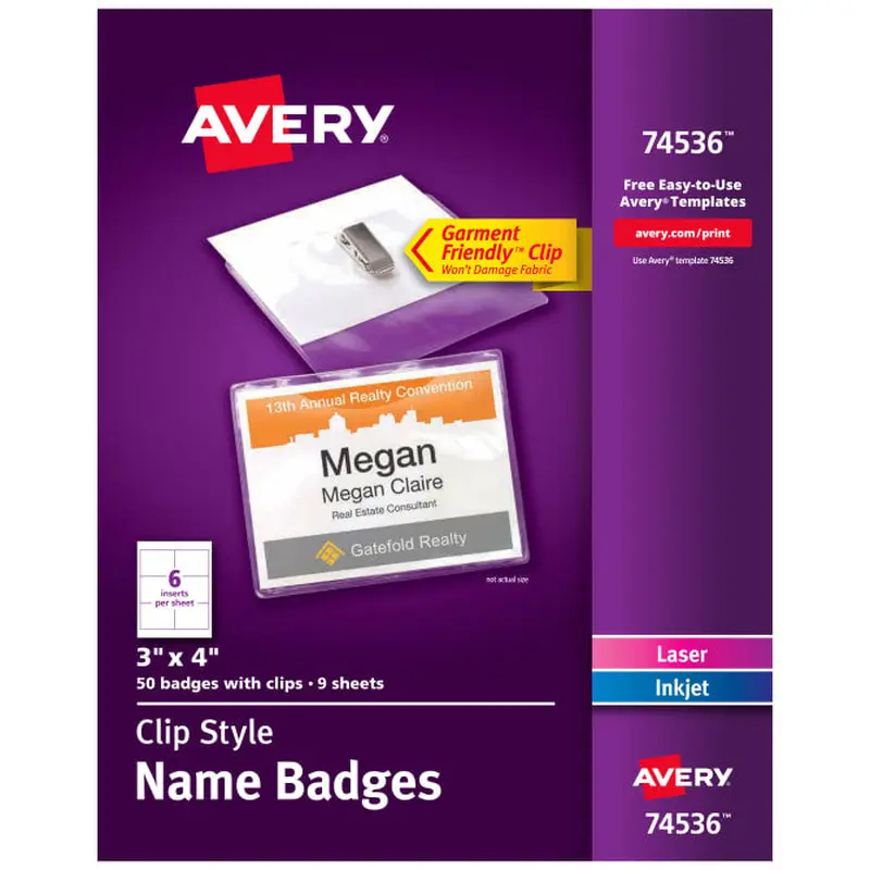 Avery Top-Loading Garment-Friendly Clip-Style Name Badges, 3" x 4", 50 Badges (74536)