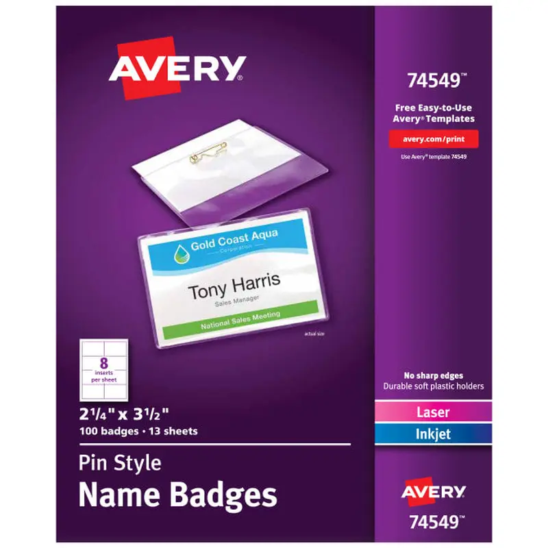 Avery Top-Loading Pin-Style Name Badges, 2-1/4" x 3-1/2", 100 Badges (74549)