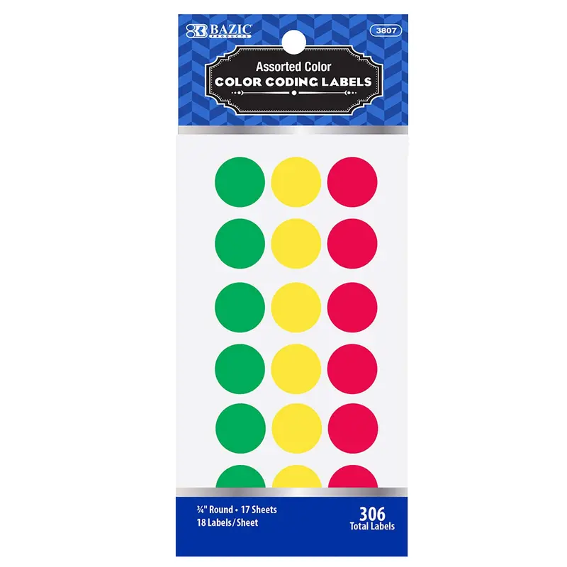 BAZIC 3/4" ROUND LABELS (306/PK) - ASST COLOURS
