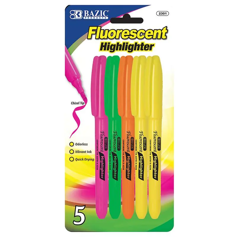 BAZIC Pen Style Fluorescent Highlighter Asst Color w/ Pocket Clip (5/Pack)