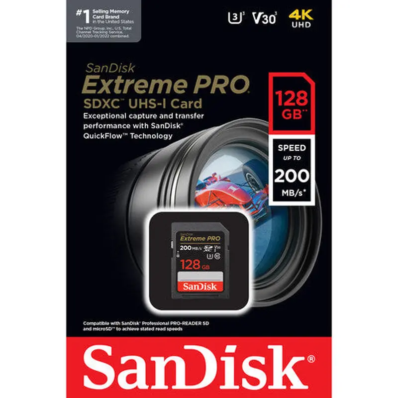 SanDiskSecure Digital Extreme PRO 128GB SDXC UHS-I Card 200 Mb/s C10,U3,V30