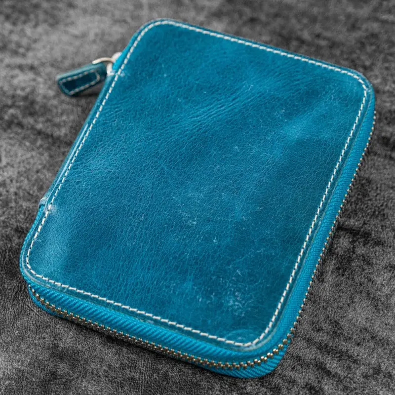 Galen Leather 10 Slot Zippered Pen Case - Crazy Horse Ocean Blue
