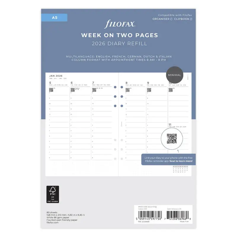 Filofax 2026 Minimal Vertical Week to View with Appointments Planner (A5)