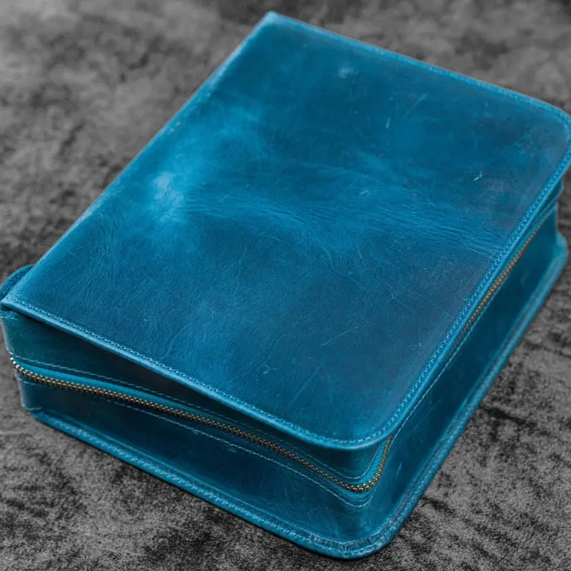 Galen Leather 40 Slot Zippered Pen Case - Crazy Horse Ocean Blue