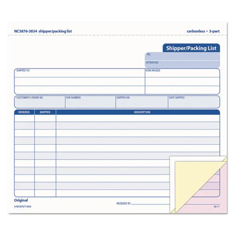 Triplicate Snap-off Shipper/packing List, Three-part Carbonless, 8.5 X 7, 50 Forms Total