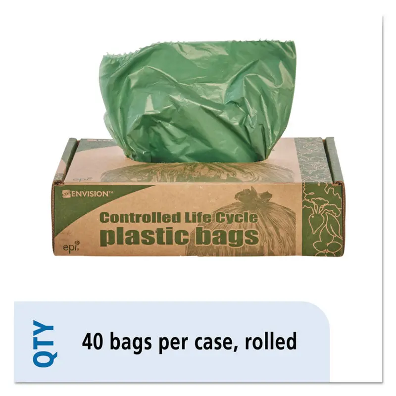 Controlled Life-Cycle Plastic Trash Bags, 33 gal, 1.1 mil, 33  x 40 , Green, 40/Box