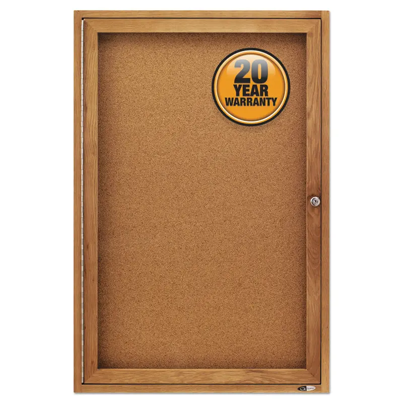 Enclosed Indoor Cork Bulletin Board with One Hinged Door, 24 x 36, Tan Surface, Oak Fiberboard Frame