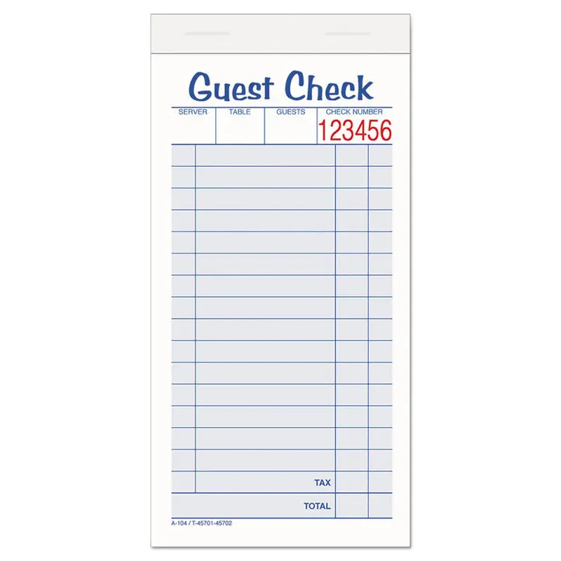 Guest Check Pad, Two-Part Carbonless, 6.38 x 3.38, 50 Forms Total