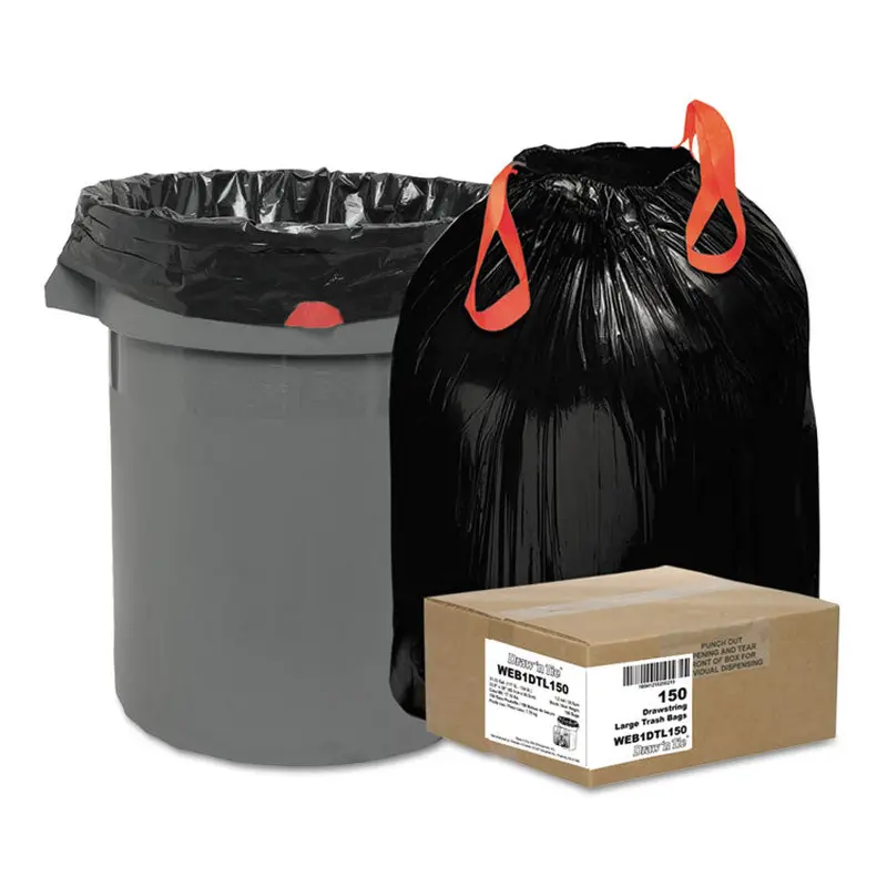 Heavy-Duty Trash Bags, Drawstring, 33 gal, 1.2 mil, 33.5  x 38 , Black, 25 Bags/Roll, 6 Rolls/Box