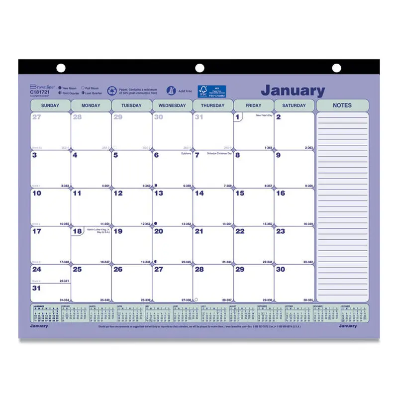 Monthly Desk Pad Calendar, 3-Hole Punched, 11 x 8.5, White/Blue/Green Sheets, Black Binding, 12-Month (Jan to Dec): 2025