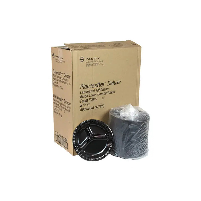 Placesetter Deluxe Laminated Foam Dinnerware, 3-Compartment Plate, 9  dia, Black, 500/Carton