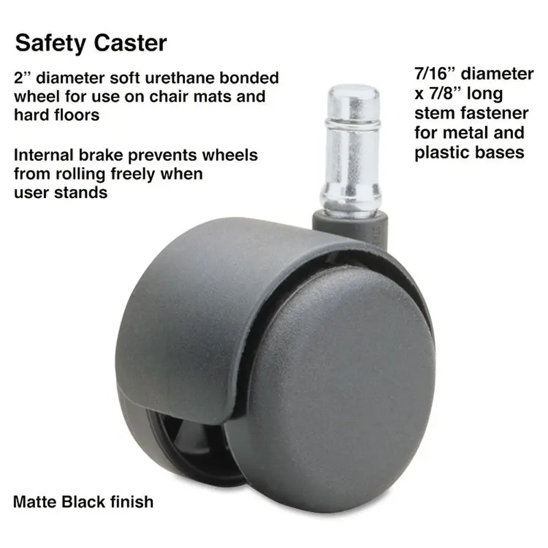 Safety Casters, Standard Neck, Grip Ring Type B Stem, 2  Soft Polyurethane Wheel, Matte Black, 5/Set