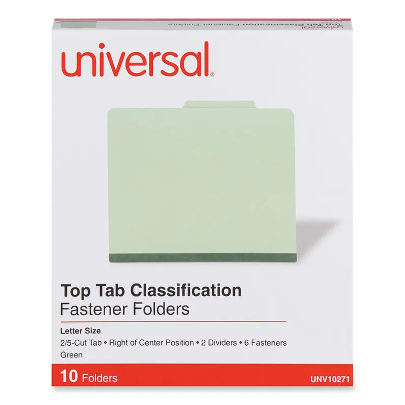 Six-Section Pressboard Classification Folders, 2" Expansion, 2 Dividers, 6 Fasteners, Letter Size, Green Exterior, 10/Box