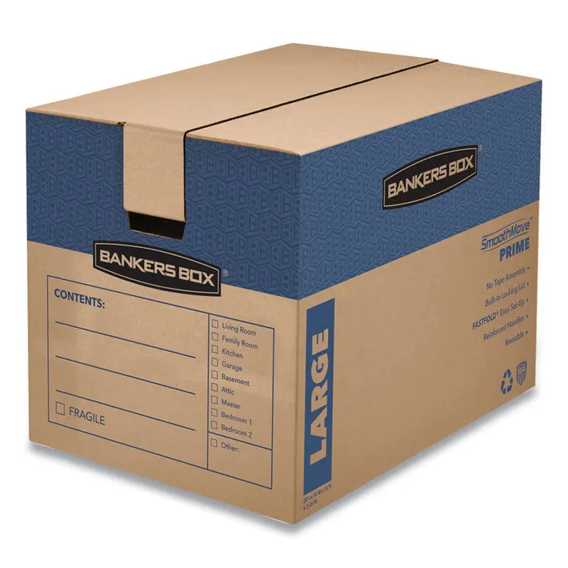 SmoothMove Prime Moving/Storage Boxes, Hinged Lid, Regular Slotted Container (RSC), 18" x 24" x 18", Brown/Blue, 6/Carton