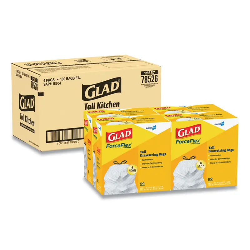 Tall Kitchen Drawstring Trash Bags, 13 gal, 24  x 27.38 , Gray, 100 Bags/Box, 4 Boxes/Carton