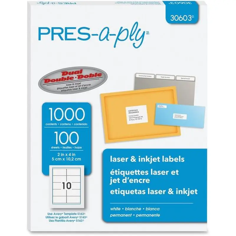 30603 PRESAPLY LABEL LASER 2" X 4" WHITE 1000 LABELS
