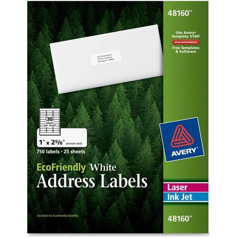 48160 ECO WHITE MAILING LABEL PERMANENT 1" X 2 5/8" 25 SH