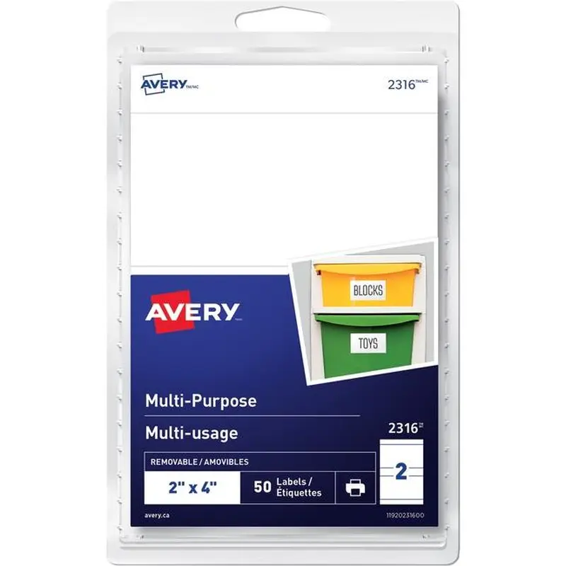 Avery Print or Write ID Label 2" x 4", Removable, White 50 / pkg