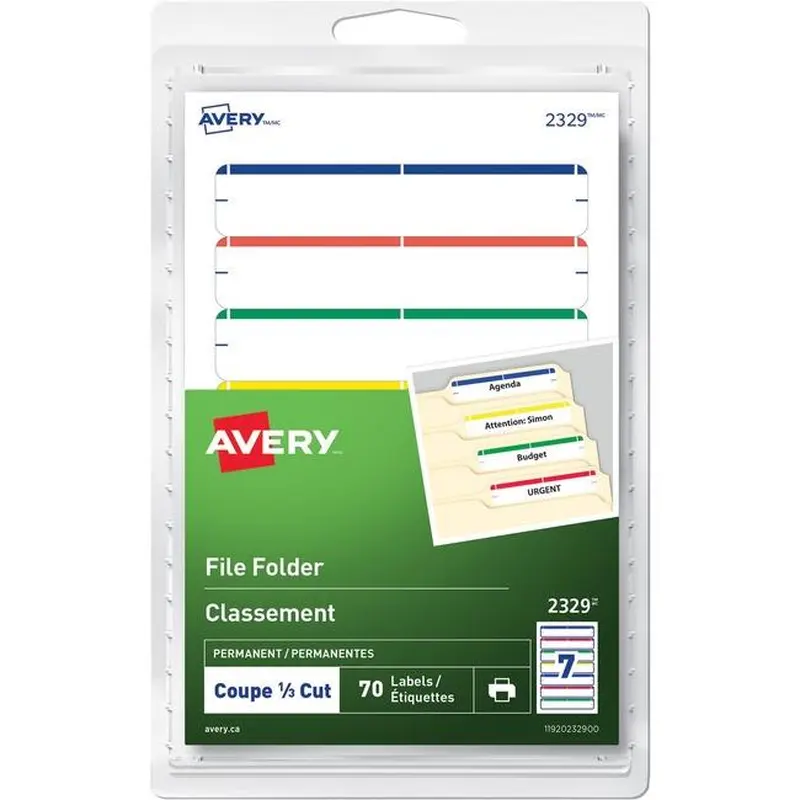 Avery Printer or Write Filing Labels 3 1/2" x 5/8", Permanent, White w Asstd Colour Bars, 70/pkg
