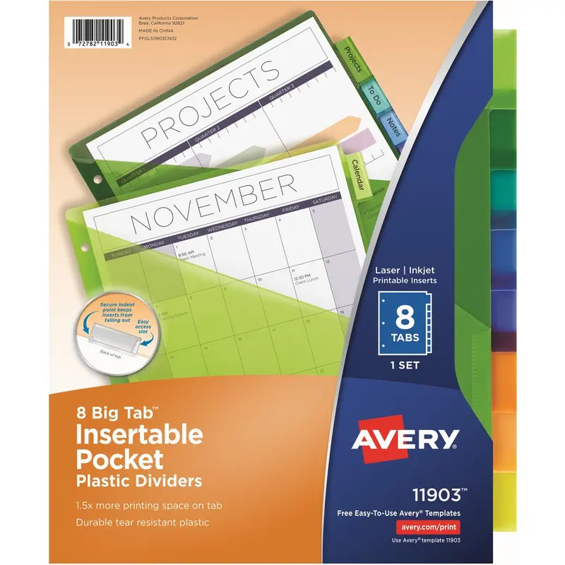 Avery® Avery Big Tab Insertable Plastic Dividers w/Pockets, 8-tab Multicolor