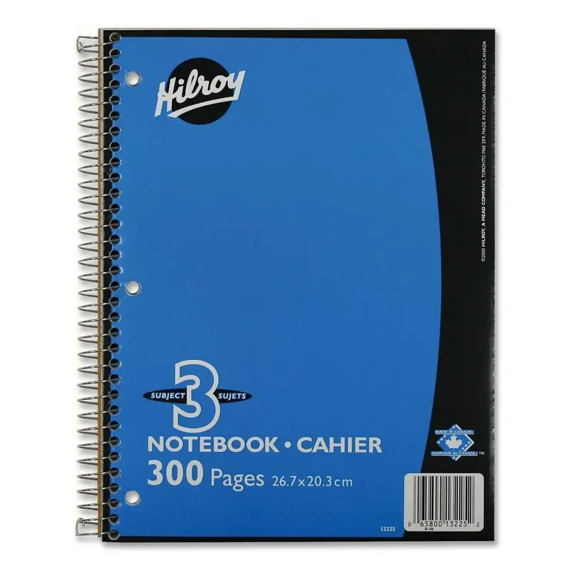 Hilroy Executive Coil Three Subject Notebook - 300 Sheets - Coilock - 0.28" Ruled - 8" x 10 1/2" - Assorted Cover - Subject, Hole-punched - 1Each