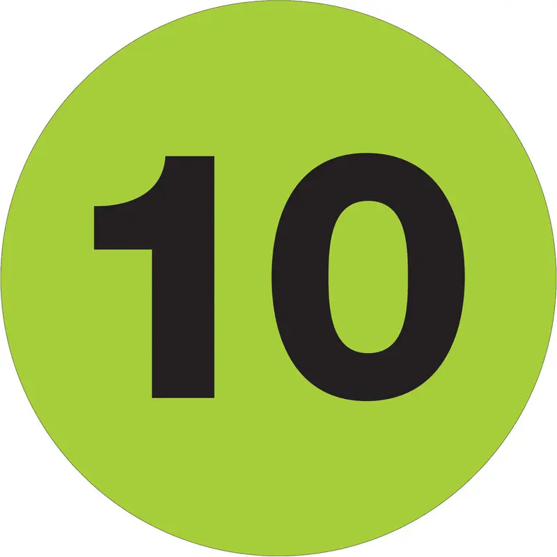 1" Circle - "10" (Fluorescent Green) Number Labels 500/Roll
