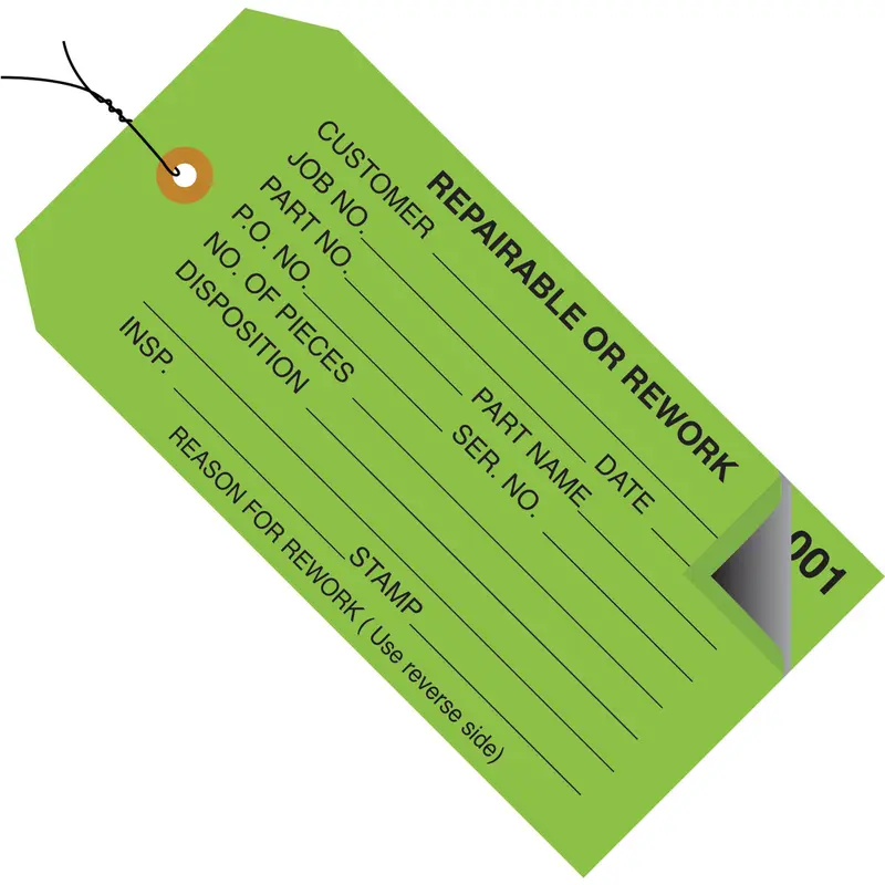 4 3/4 x 2 3/8 - "Repairable or Rework" Inspection Tags 2 Part - Numbered 000 - 499 - Pre-Wired 500/Case