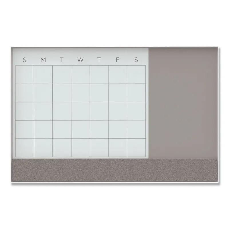 3N1 Magnetic Glass Dry Erase Combo Board, 47 x 35, Month View, Gray/White Surface, White Aluminum Frame